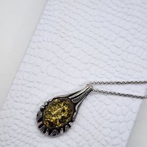 Sterling Silver 925 Green Amber Pendant & Necklace